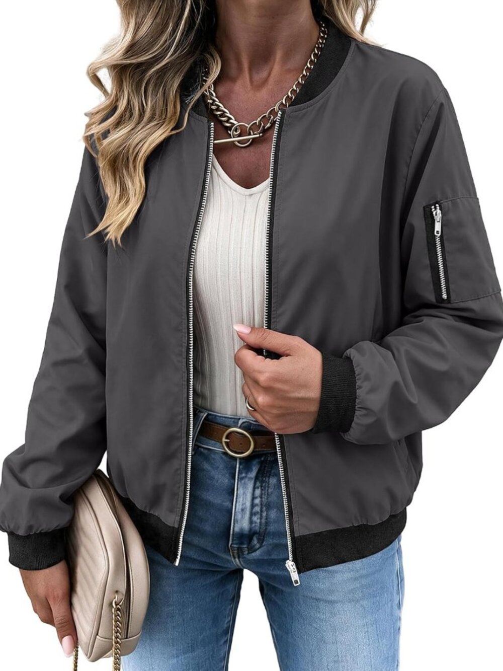 Chic Women's Bomber Jacket - Casual Spring/Fall Coat with Pockets, Stylish